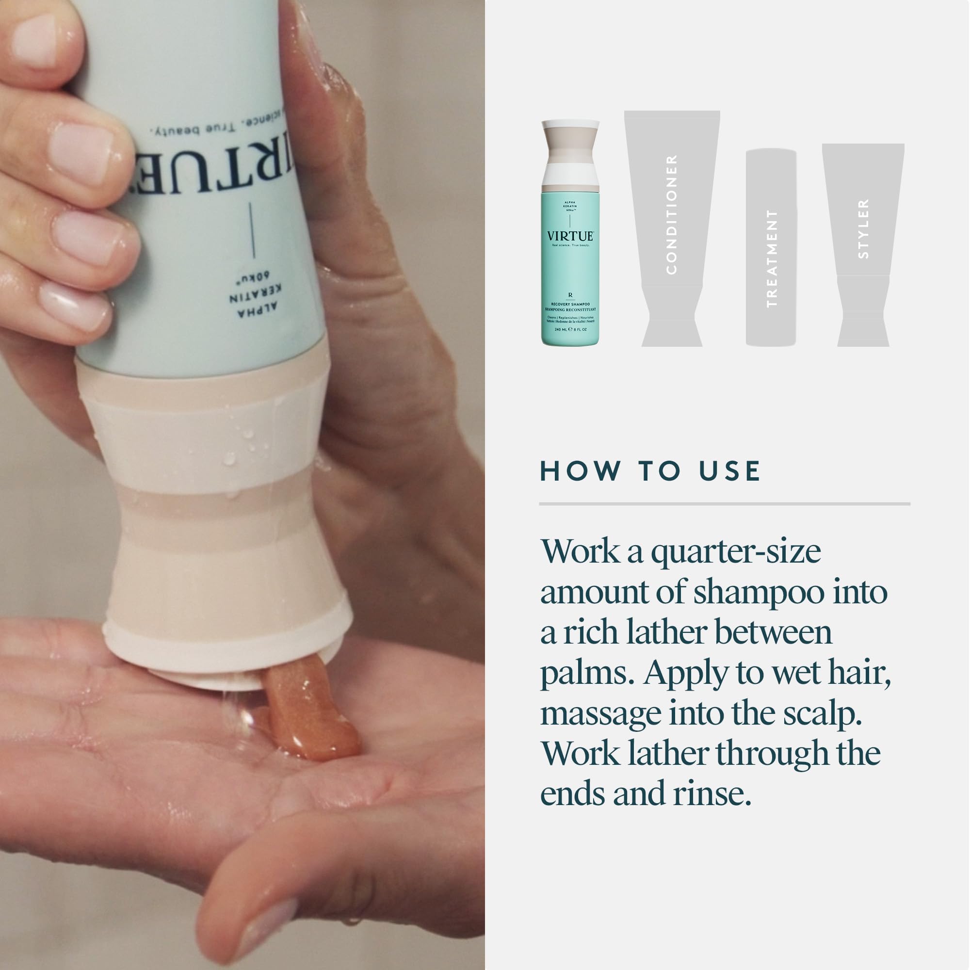 Cheveux doux après lavage avec le shampooing sans sulfate VIRTUE Recovery