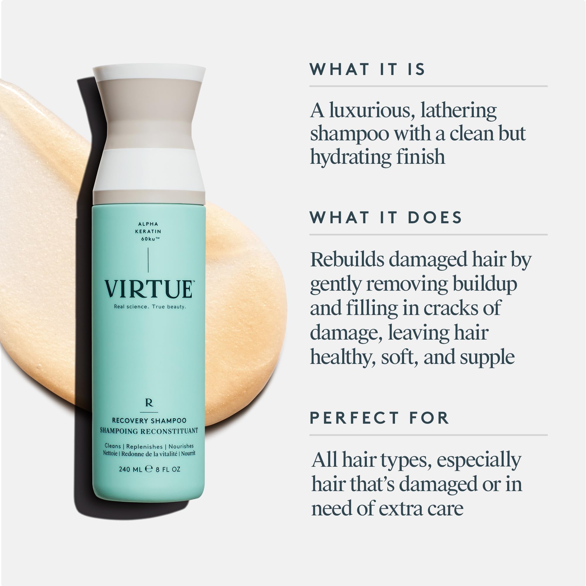 Virtue Recovery Shampoo – parfum coco yuzu, ambiance spa pendant le lavage.