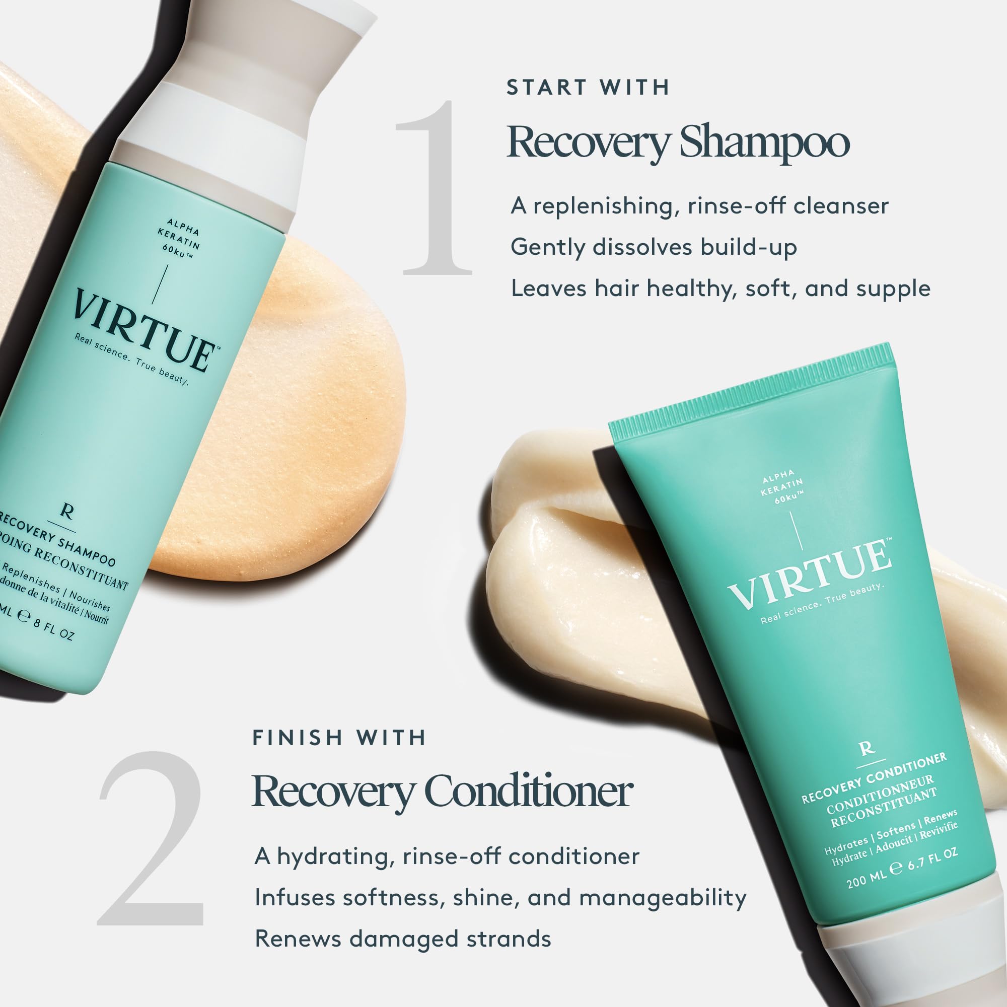 Virtue Recovery Shampoo – emballage clair, montre la couleur protégée pour cheveux colorés.