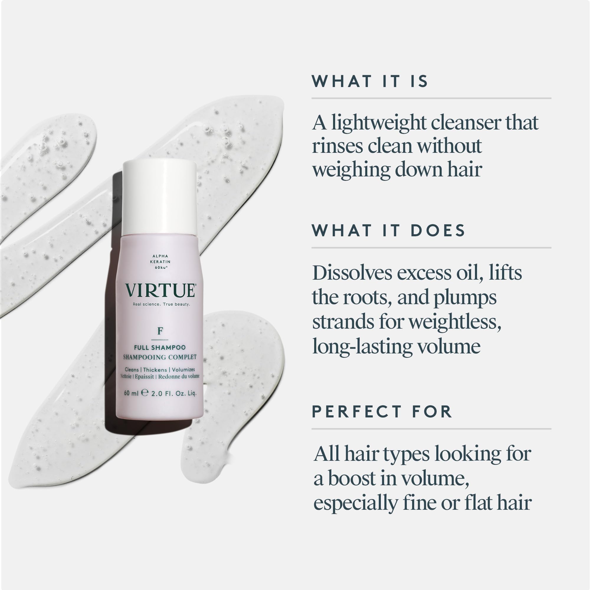 Shampoing VIRTUE, mousse légère, lavage doux et efficace.