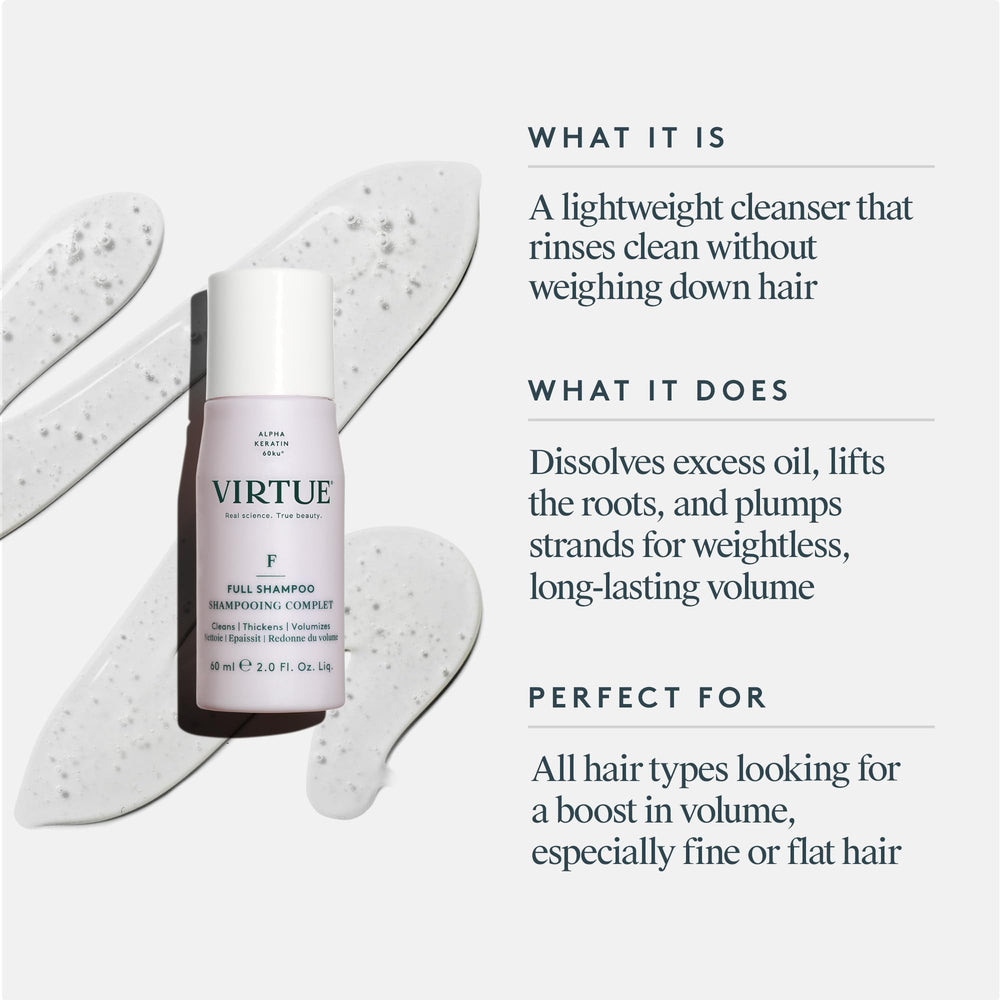 Shampoing VIRTUE, mousse légère, lavage doux et efficace.
