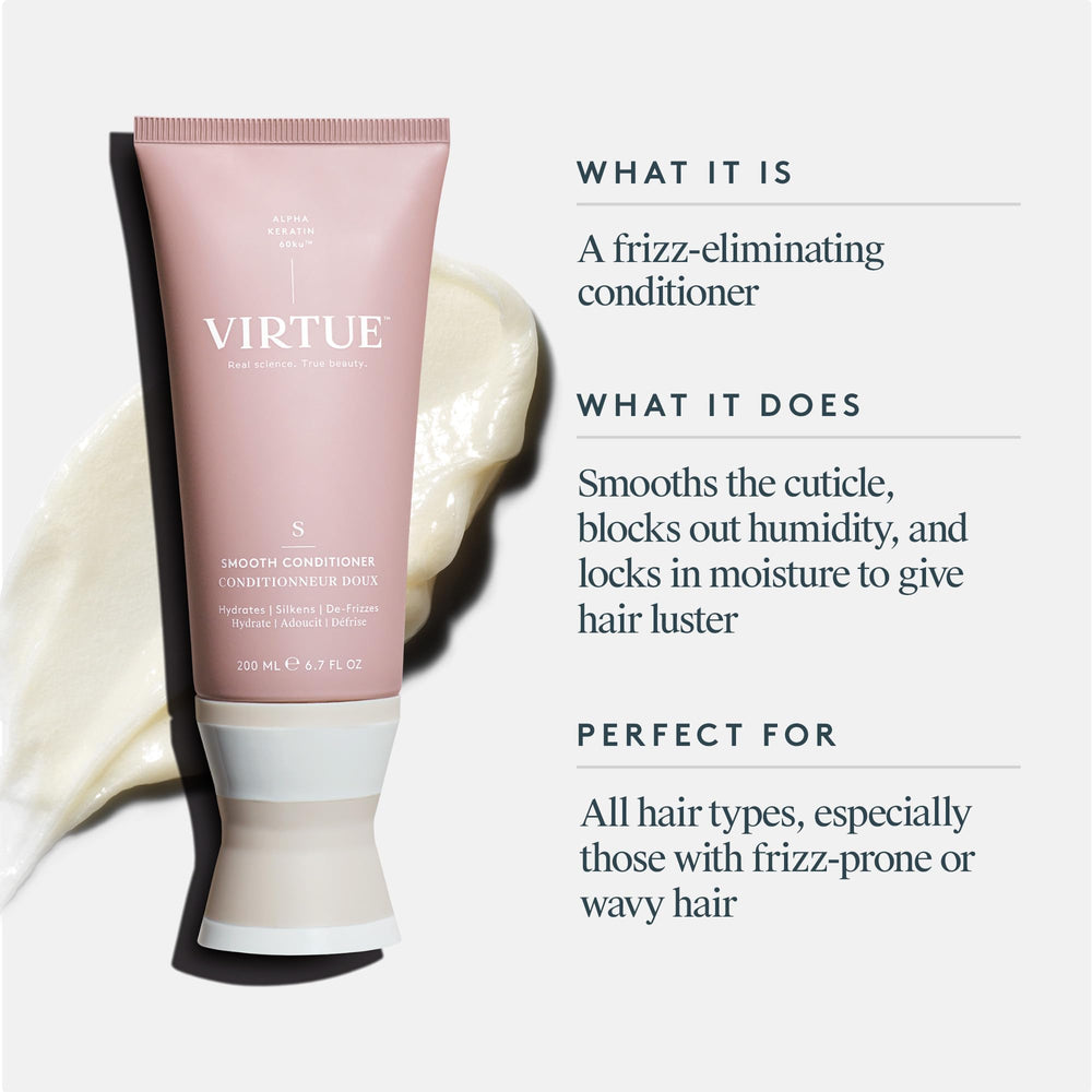 VIRTUE Smooth Conditioner agit en douche avec Alpha Keratin 60ku lissant les mèches.
