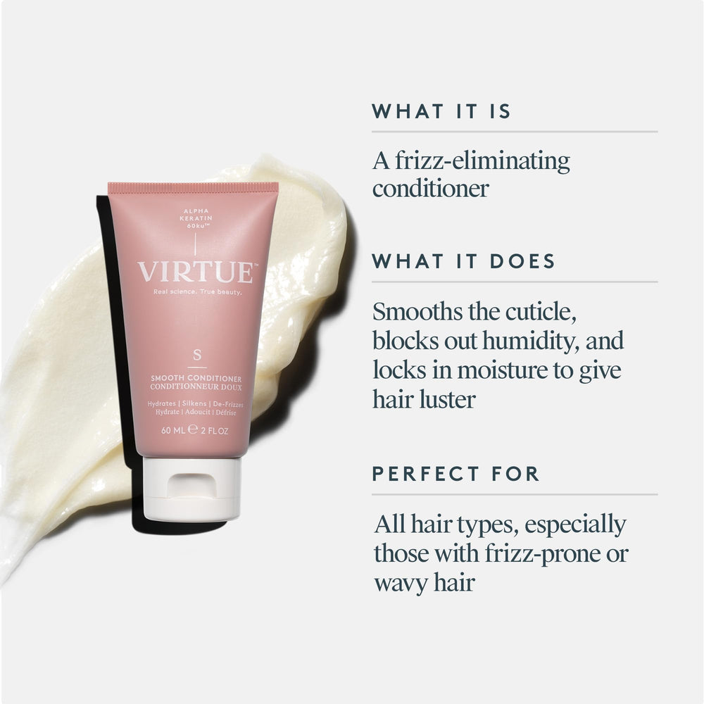 VIRTUE Smooth Conditioner: texture crème soyeuse pour une douceur immédiate.
