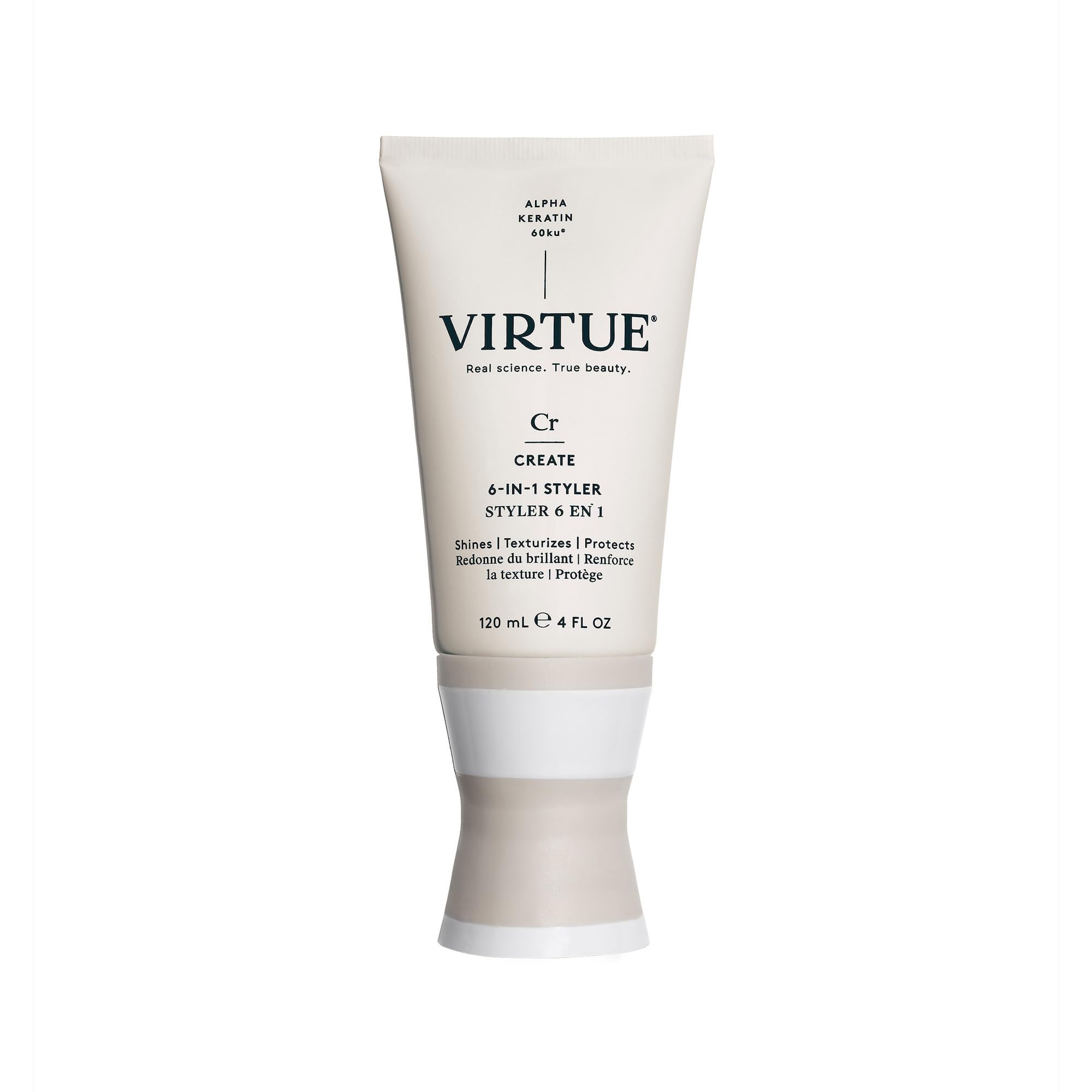 VIRTUE 6-en-1 Outil de coiffage crème-serum: application légère qui laisse les cheveux lisses et soyeux.