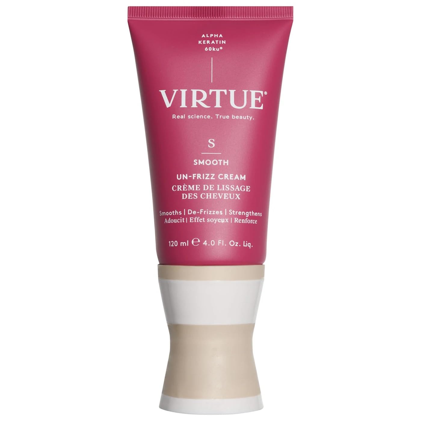 Virtue Un-Frizz Crème: bouteille visible, application rapide sans film gras.