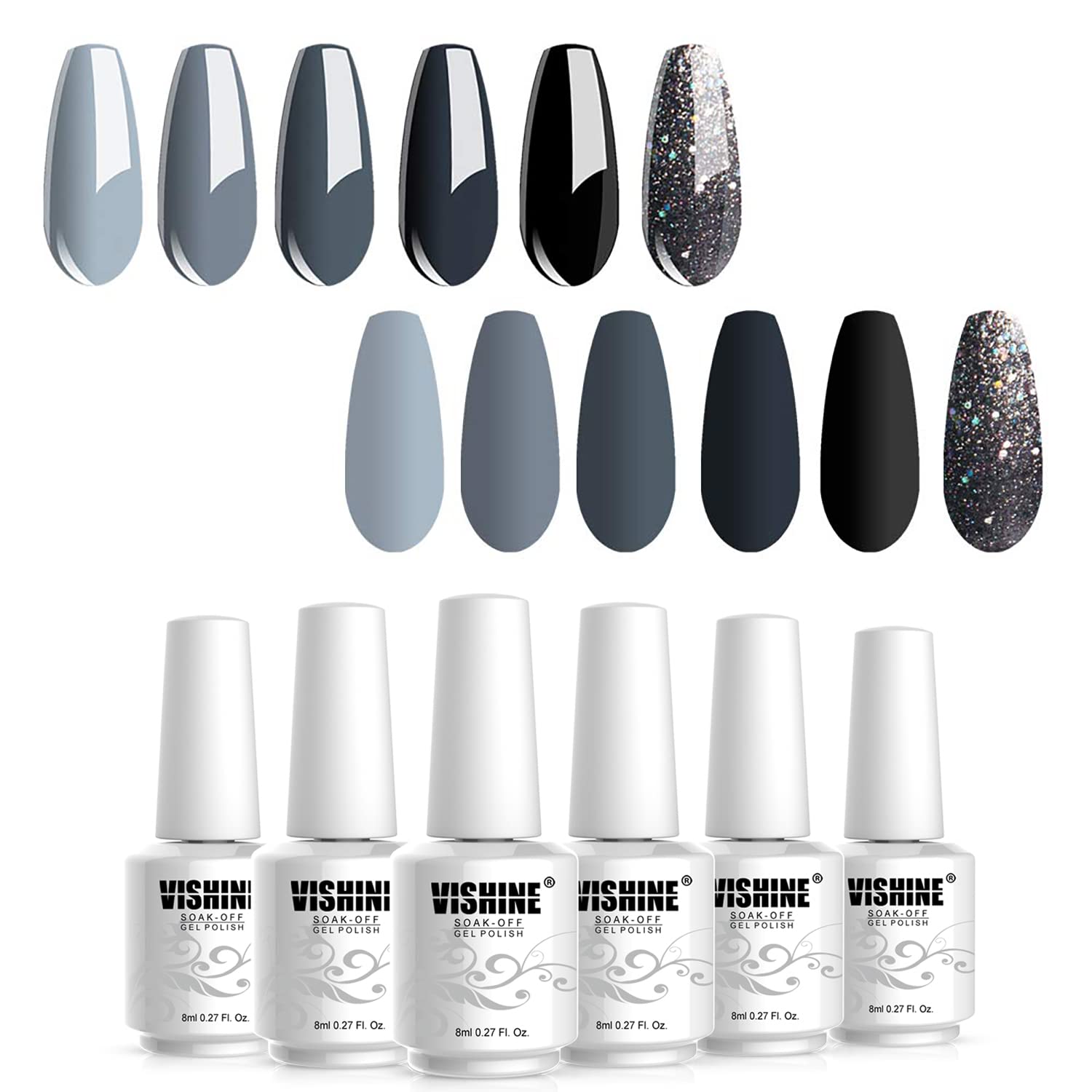 Effet paillettes sur vernis gel gris Vishine