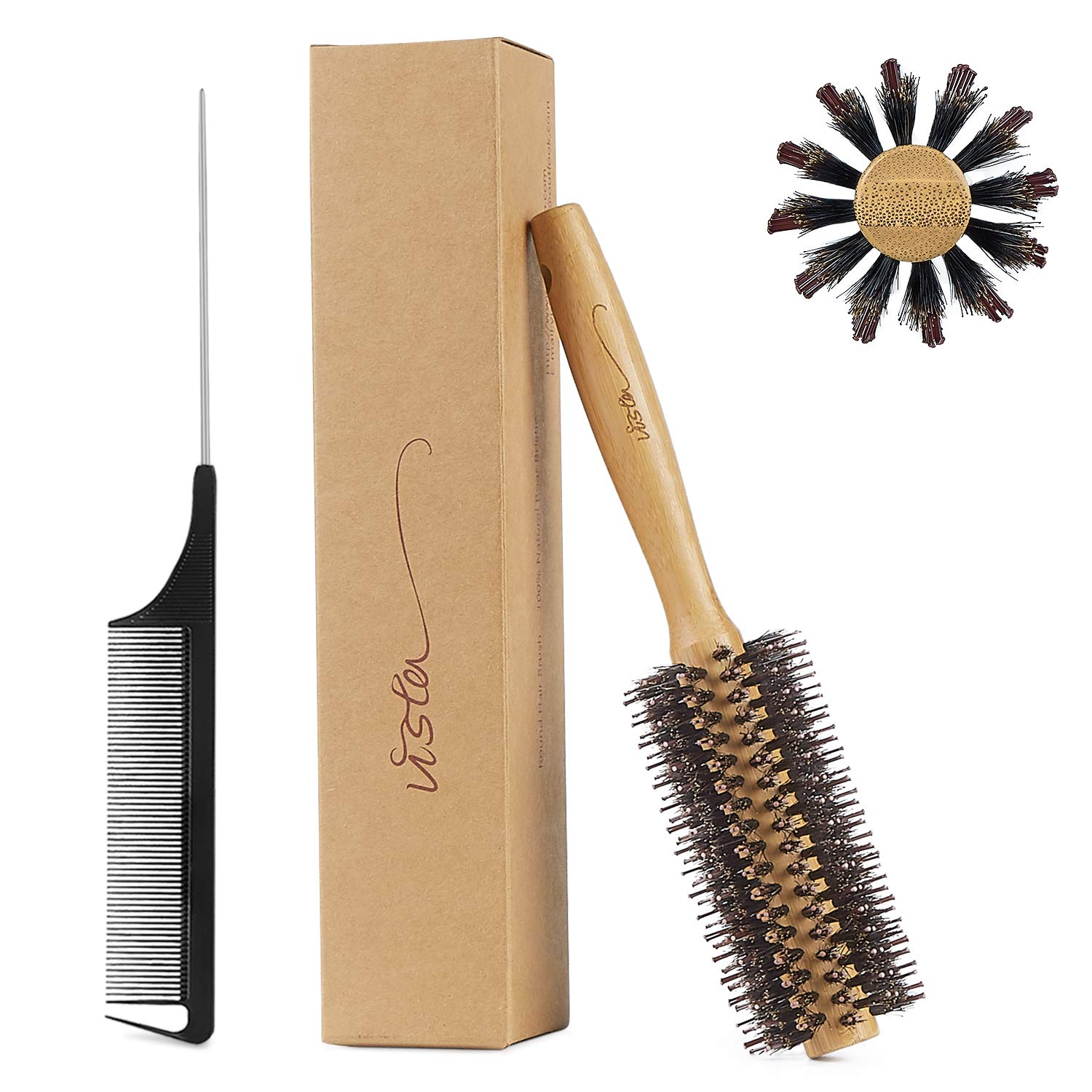 Vista brosse ronde en bambou, poils naturels, démêlage efficace et brillance.