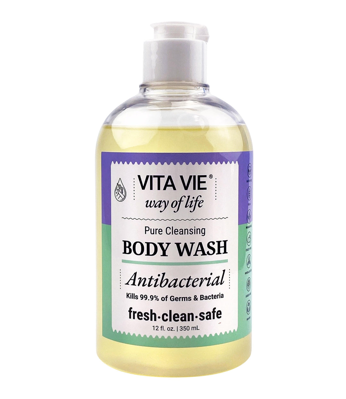 Vita Vie body wash lemon bottle pour delivering refreshing cleanse for hands and forearms.