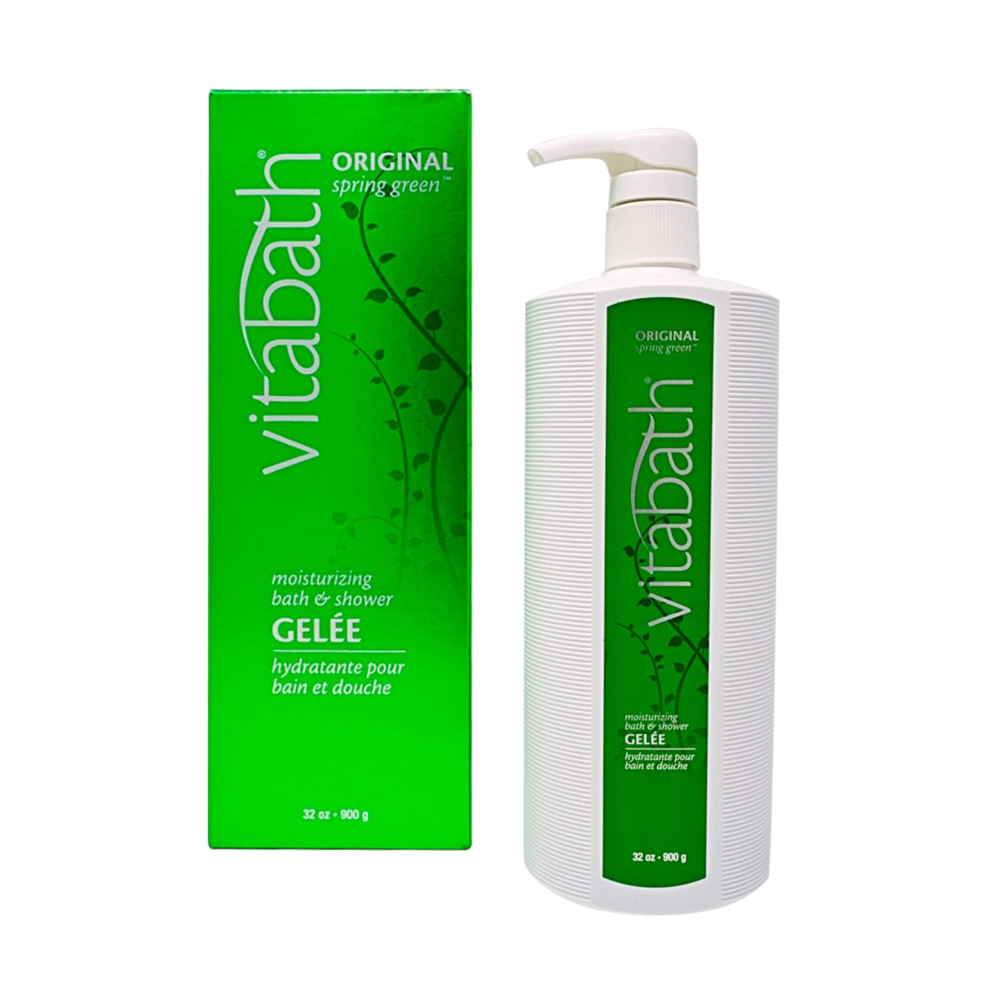 Vitabath Original Spring Green, bouteille-pompe montrant le flacon hydratant pour la peau.