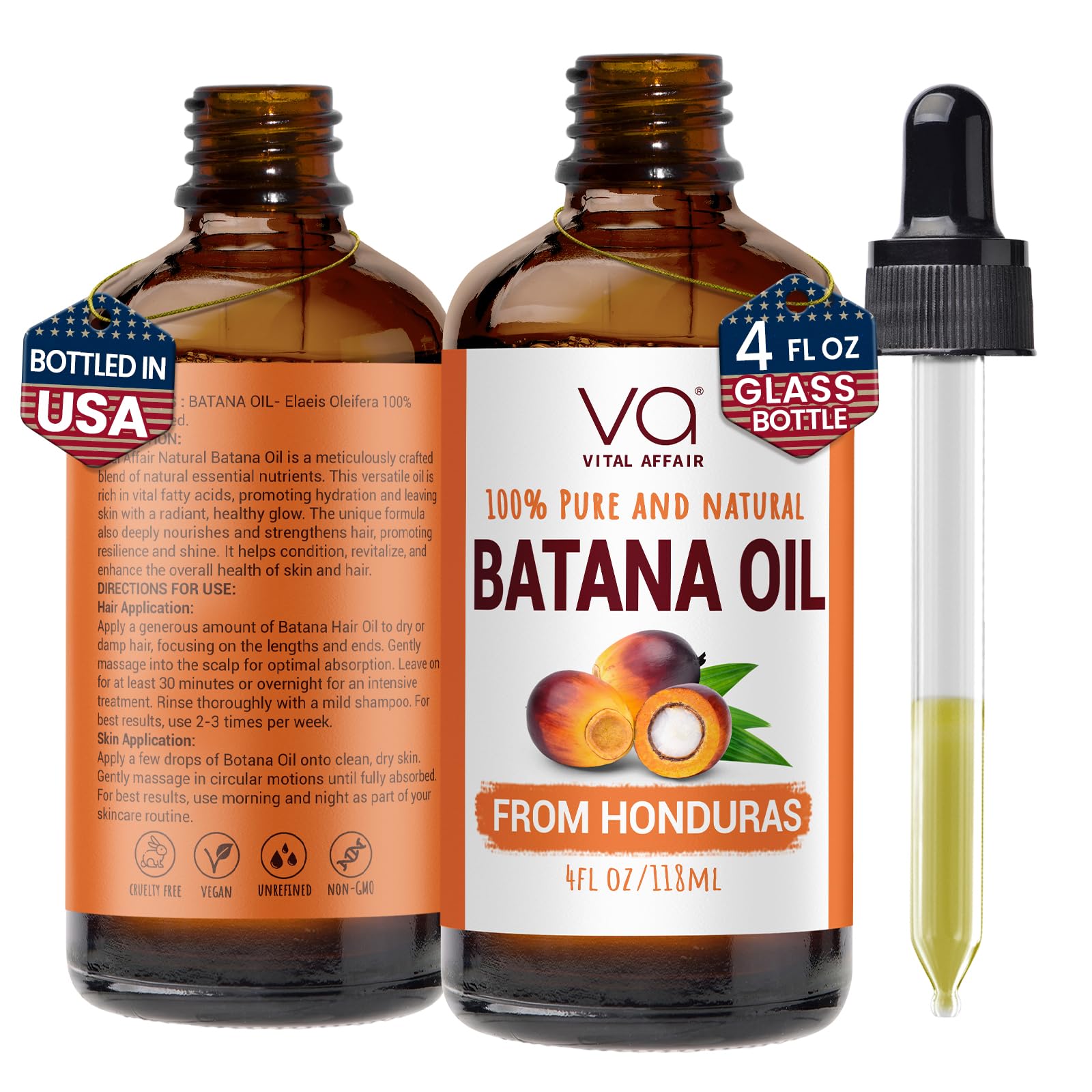 VITAL AFFAIR Batana Oil – bouteille en verre, présentation presse froide, soin nourrissant pour cheveux.