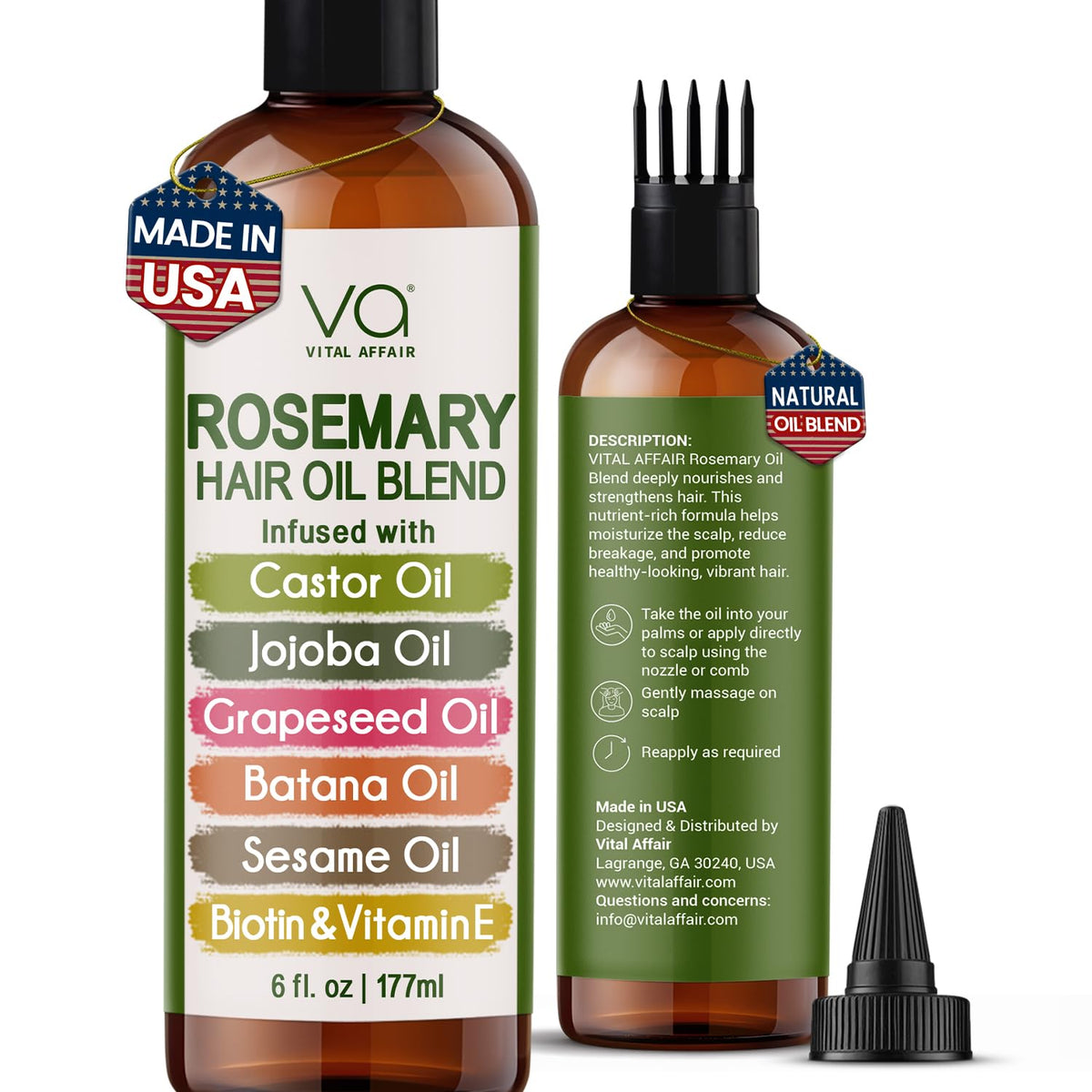 VITAL AFFAIR bouteille en verre ambré d'huile romarin pour nourrir les cheveux.