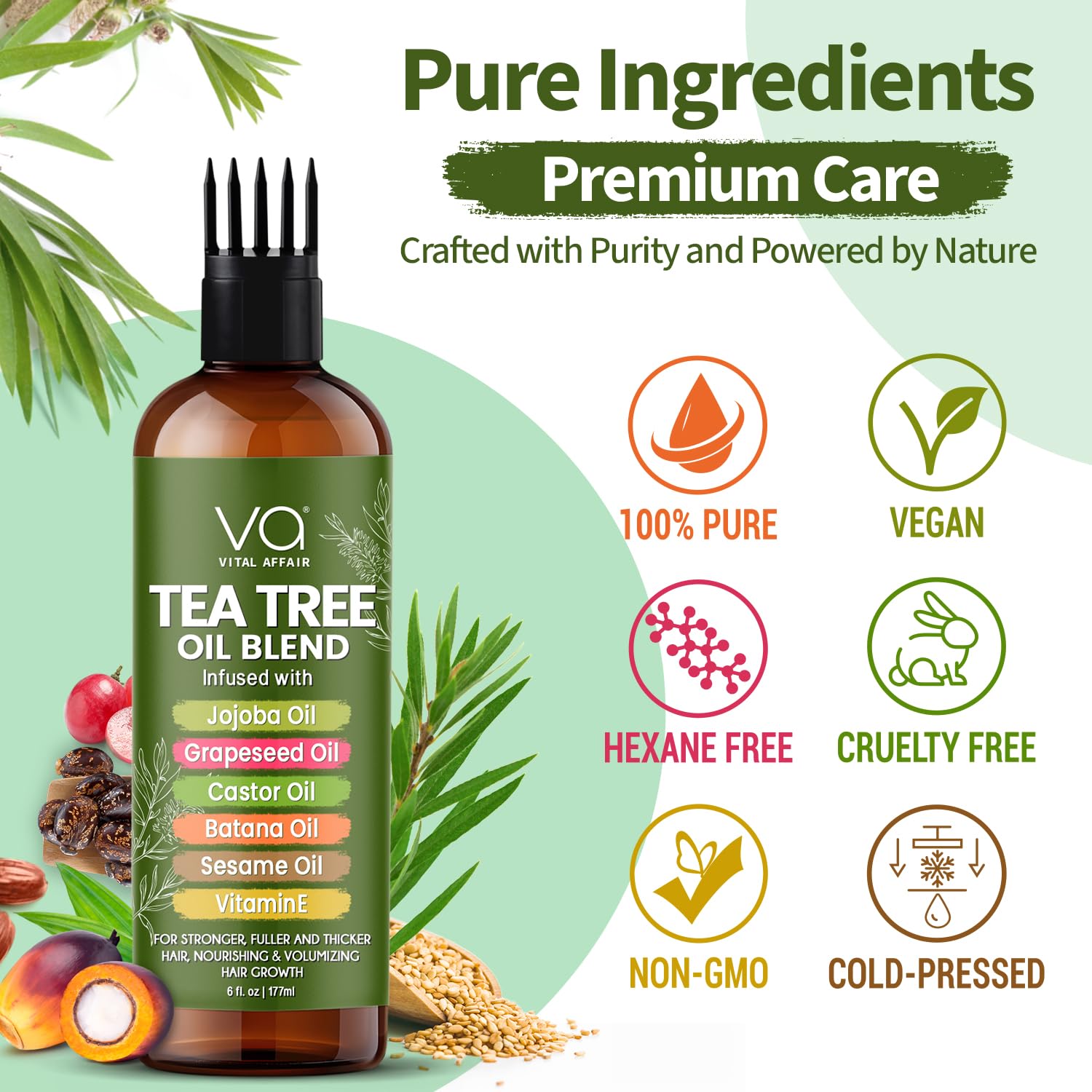 Vital Affair Tea Tree Oil batana oil blend conveys deep hydration and softness.