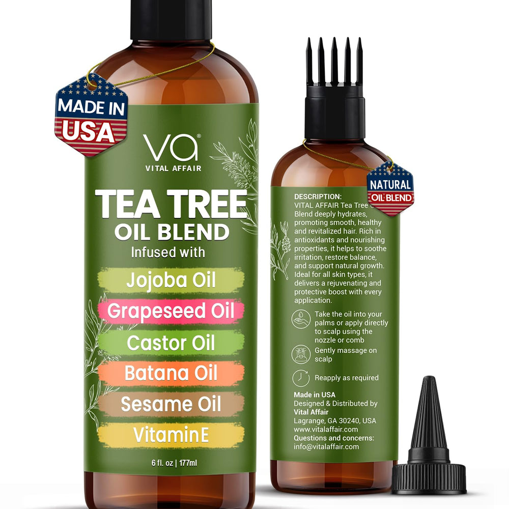 Vital Affair Tea Tree Oil bottle pour shows soothing scalp application for itchy scalp relief.