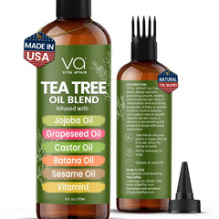 Vital Affair Tea Tree Oil bottle pour shows soothing scalp application for itchy scalp relief.