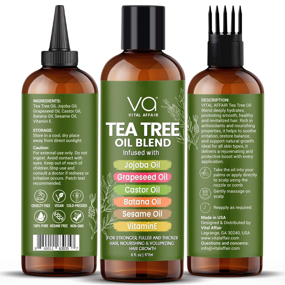 Vital Affair Tea Tree Oil closeup highlights rich jojoba blend for hair nourishment.