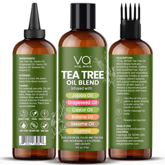 Vital Affair Tea Tree Oil closeup highlights rich jojoba blend for hair nourishment.