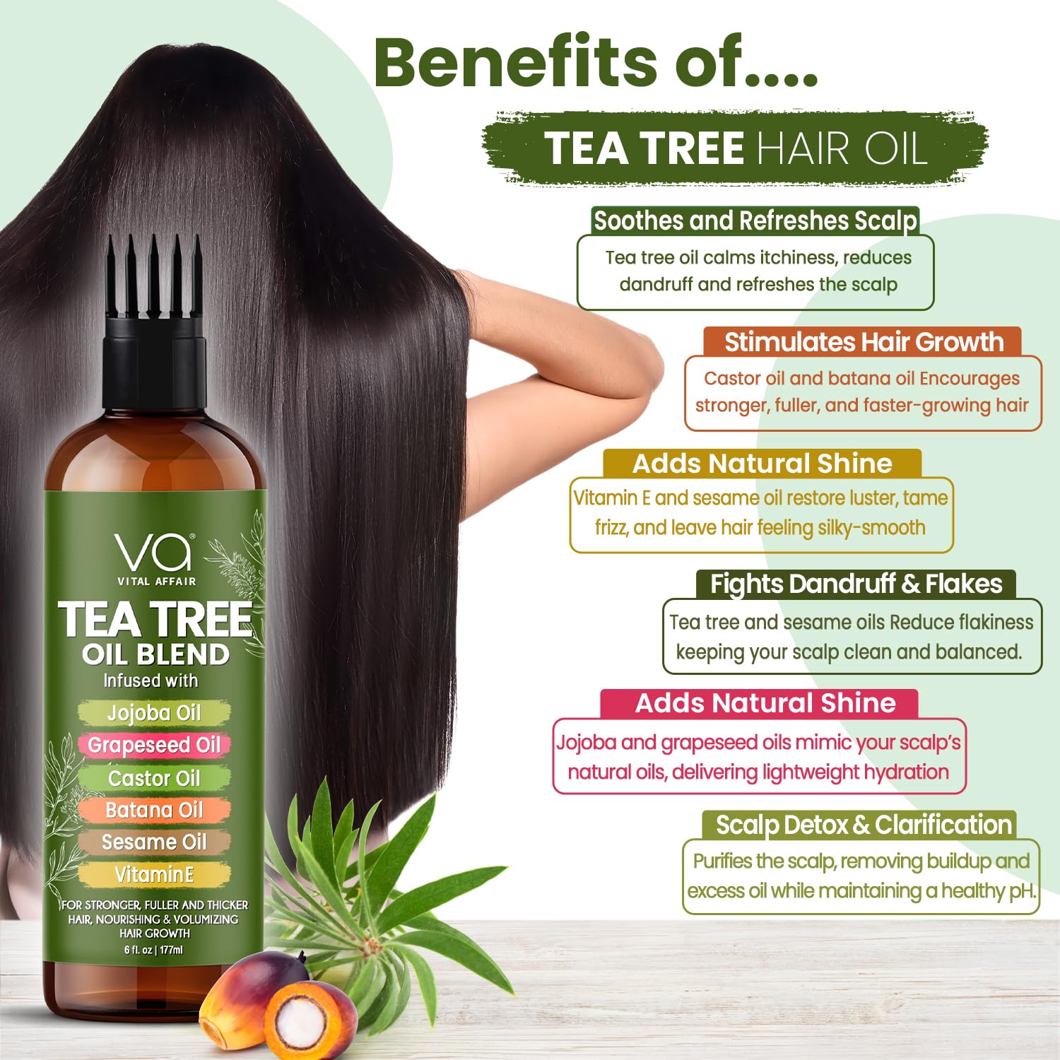 Vital Affair Tea Tree Oil hair shine shot highlights smoother, glossier strands.
