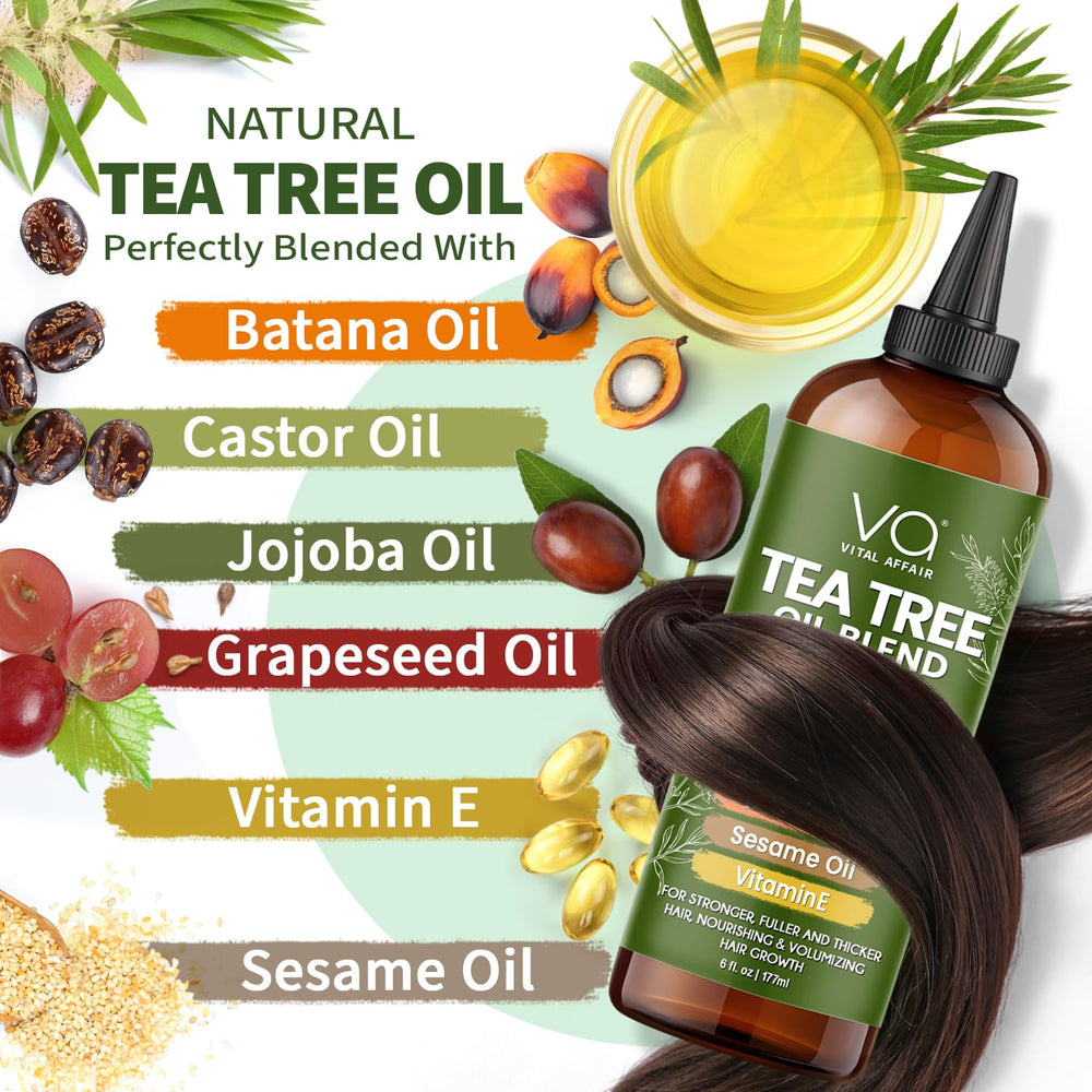 Vital Affair Tea Tree Oil ingredients jar emphasizes vegan, cruelty-free formula for healthy hair.