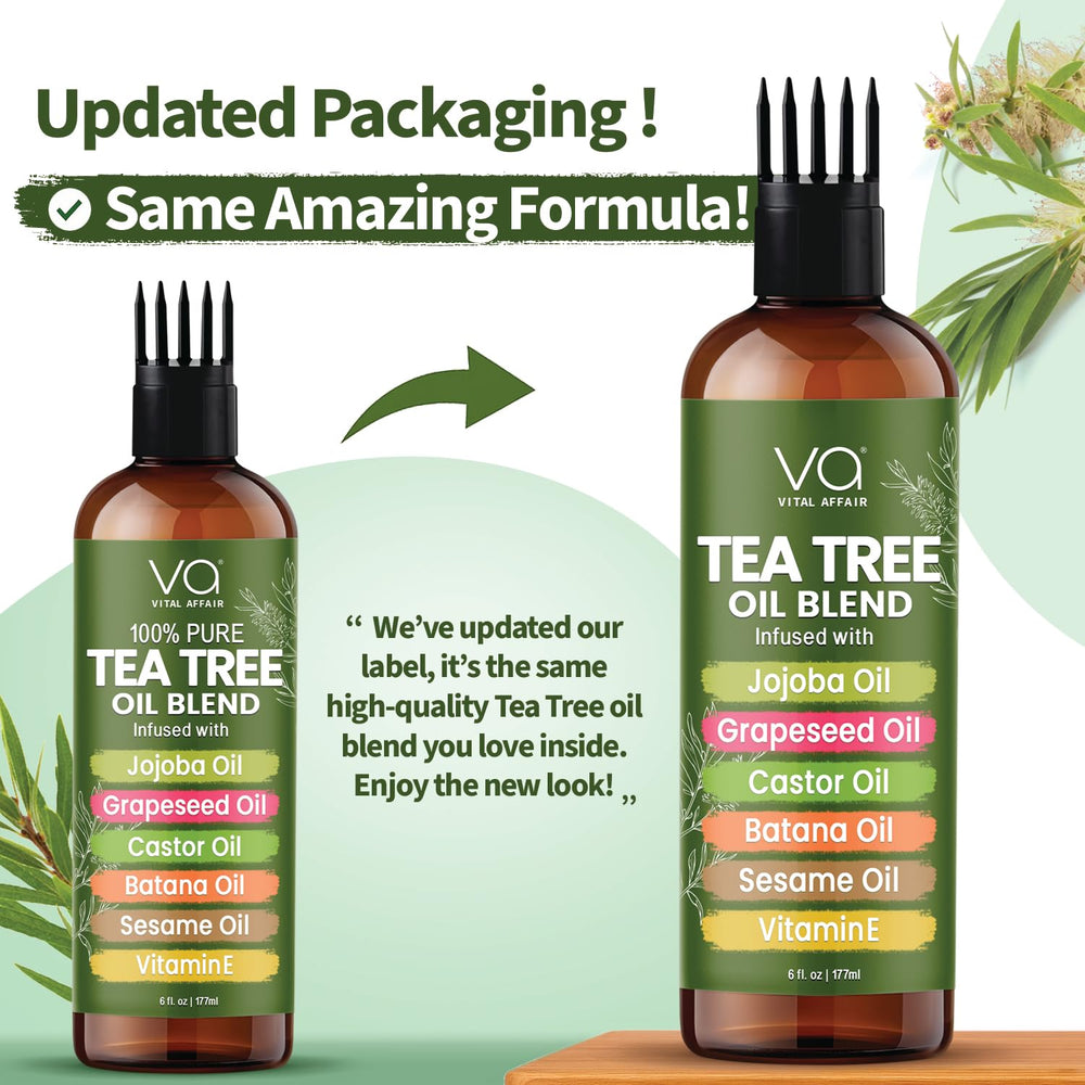 Vital Affair Tea Tree Oil packaging highlights vegan and cruelty-free branding.