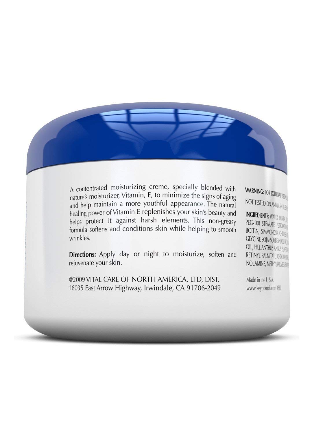 Vital Care Crème Vitamine E — pot visible, soin nourrissant pratique.