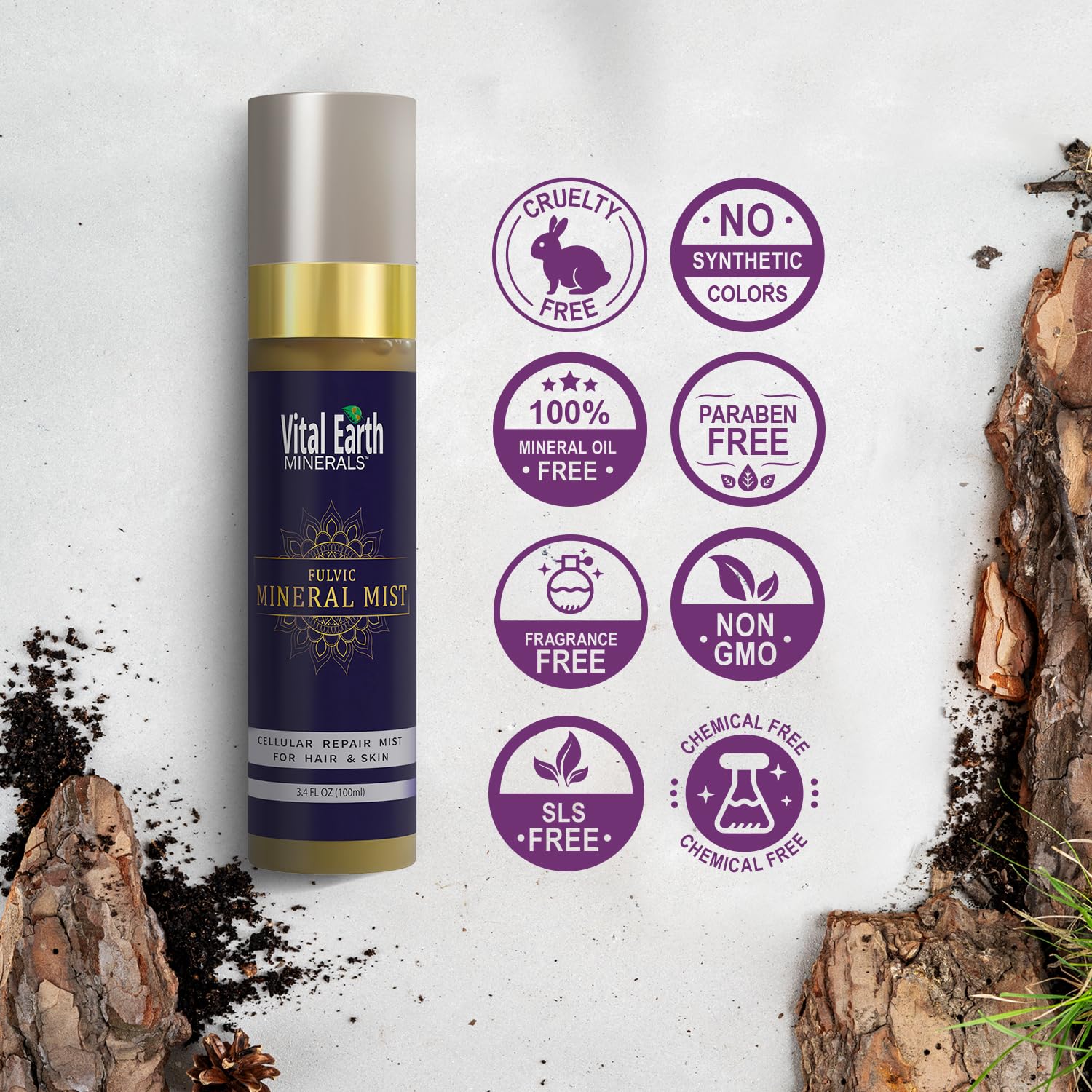 Vital Earth Minerals bouteille sans BPA et recyclable – choix durable.
