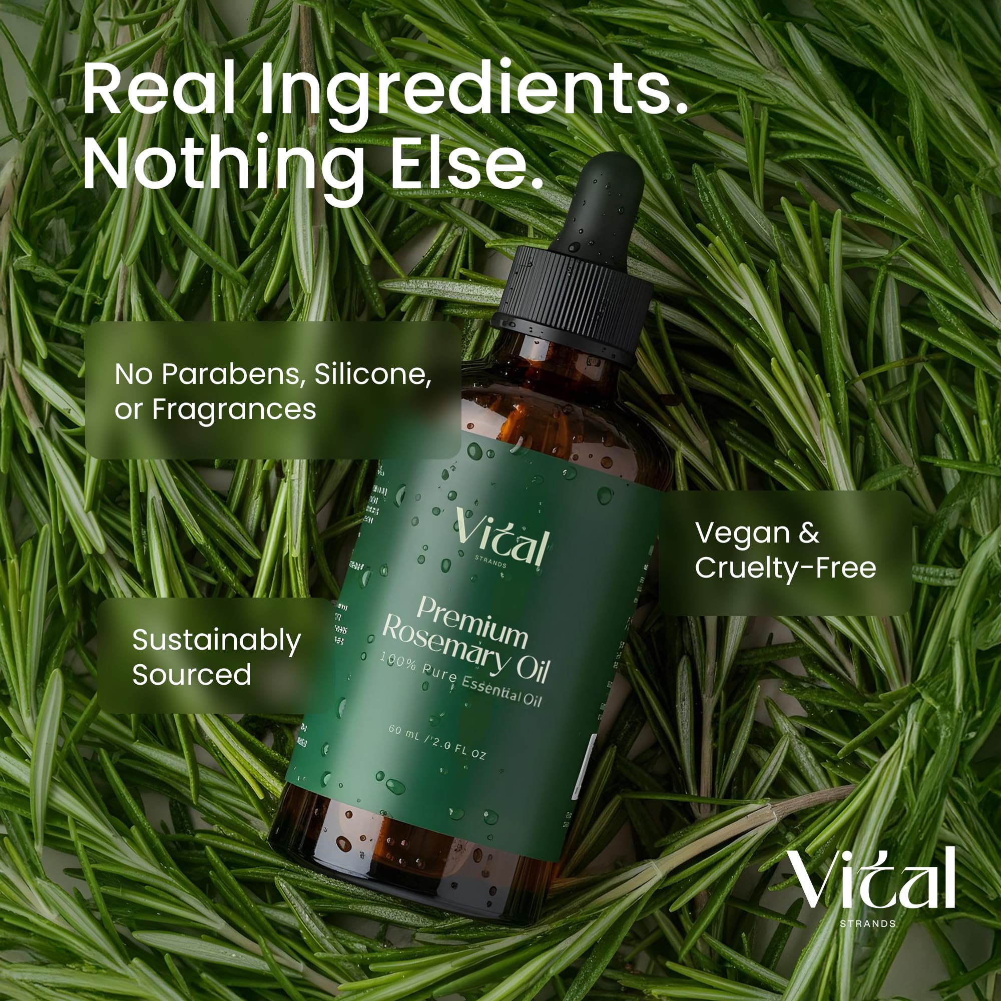 Goutte huile romarin pur Vital Strands appliquée sur cuir chevelu pour nourrir les racines