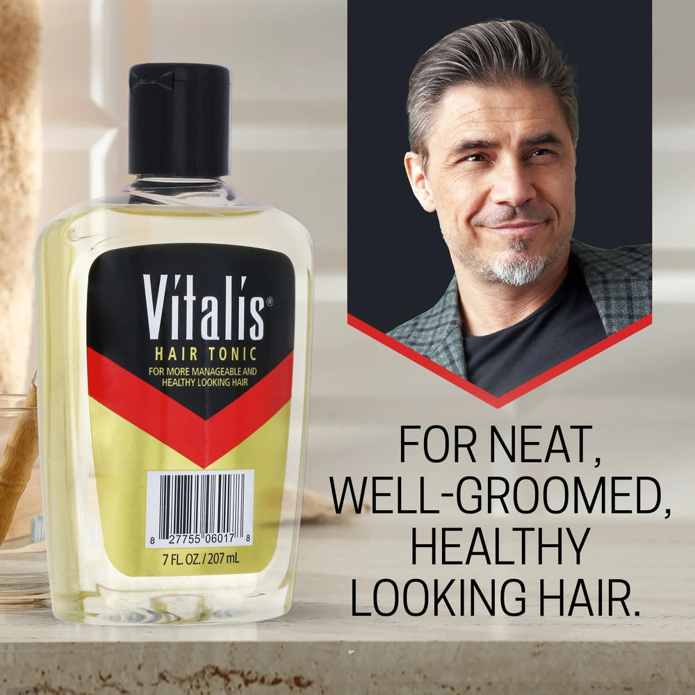 Tonique Vitalis appliqué sur cheveux humides, facilitant le coiffage et la tenue.