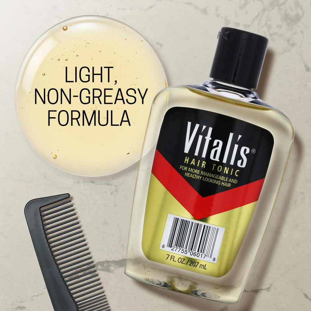 Tonique Vitalis appliqué sur cheveux secs, pour une brillance légère et une meilleure tenue.
