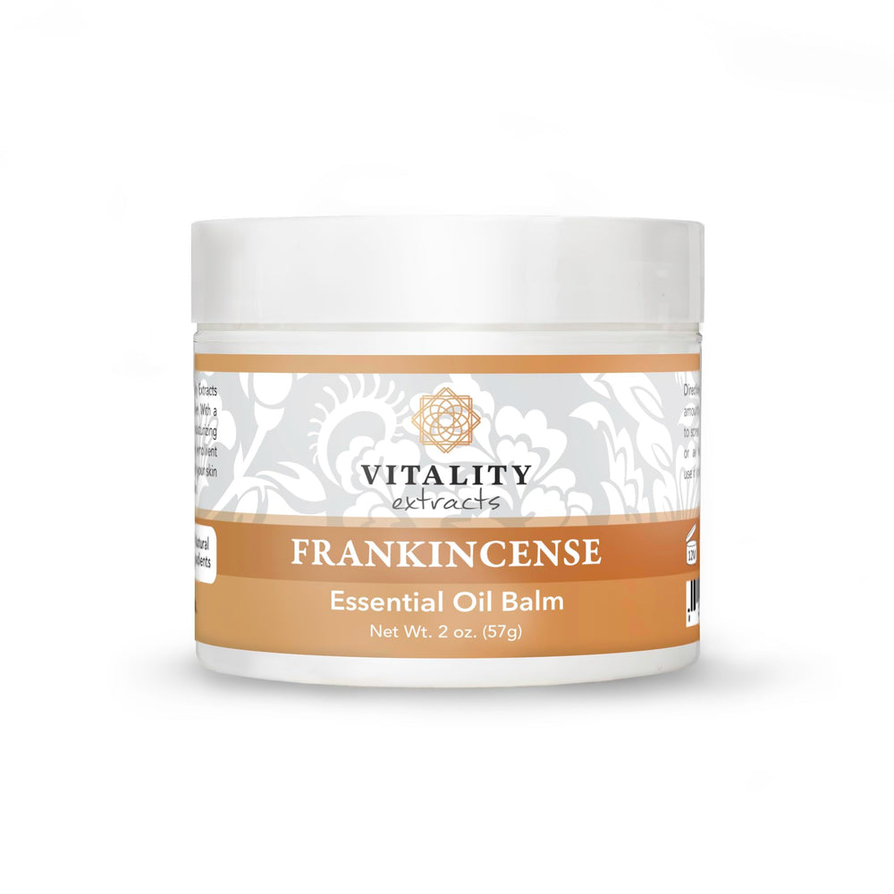 Vitality Balm Encens – bouteille 2 oz, hydratation durable pour peau sèche.