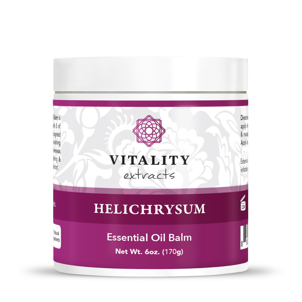 Baume Vitality Helichrysum 6oz emballage: hydratation durable et soin cutané.