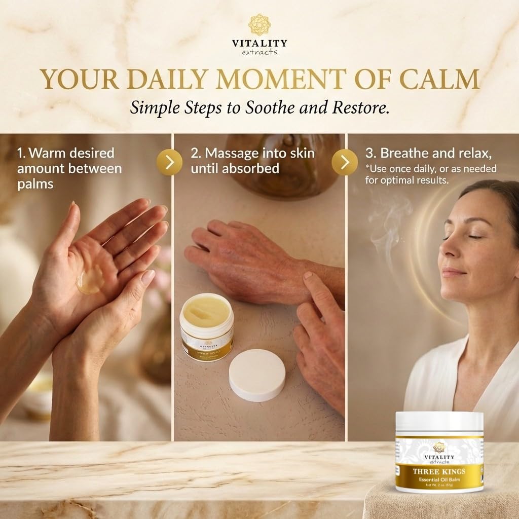 Vitality Baume Trois Rois appliqué sur peau, texture soyeuse et apaisante.