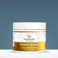 Vitality Baume Trois Rois avec ingrédients sacrés en gros plan, soin nourrissant.