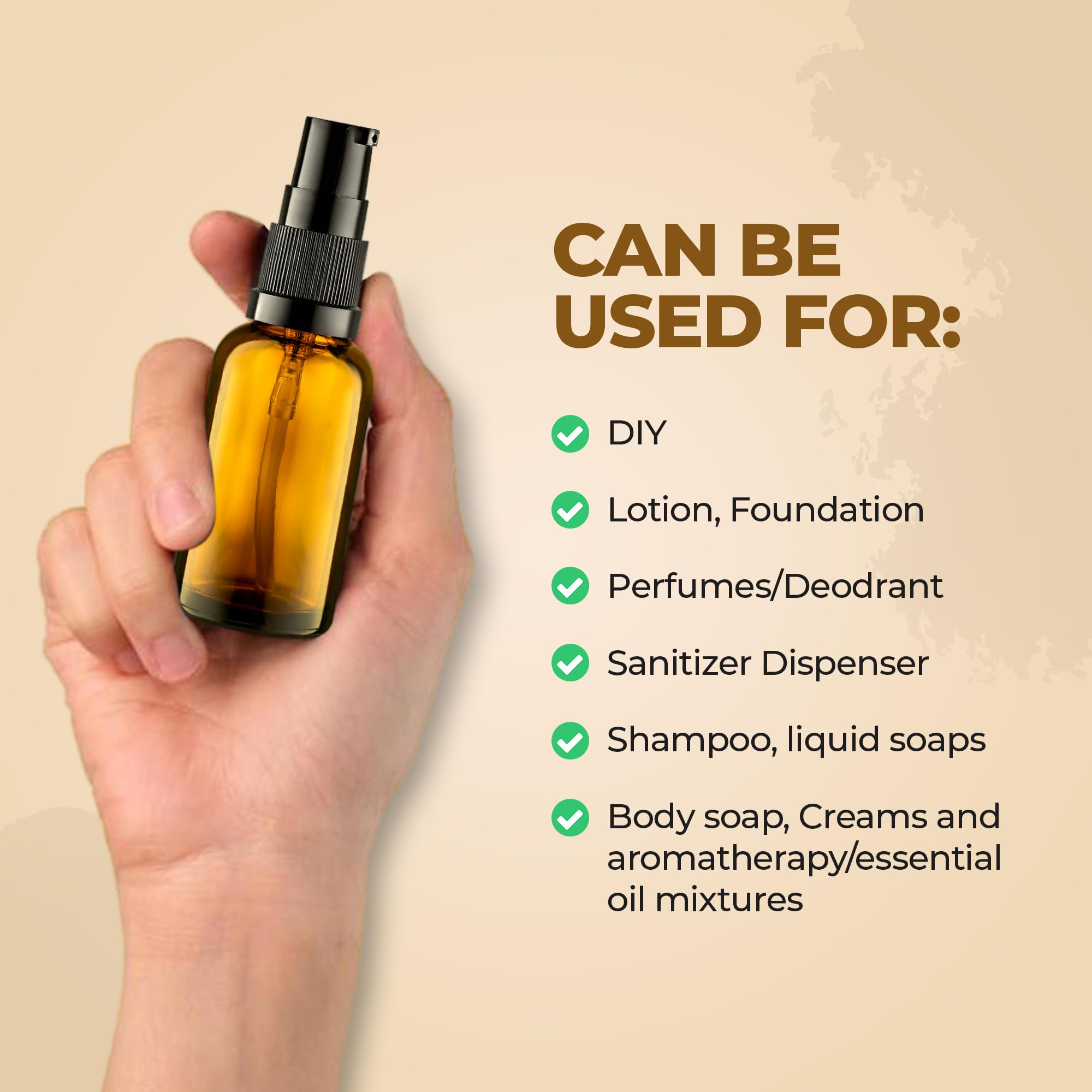Bouteille ambrée VitalUp 30ml compacte avec pompe, idéale pour transport en sac.