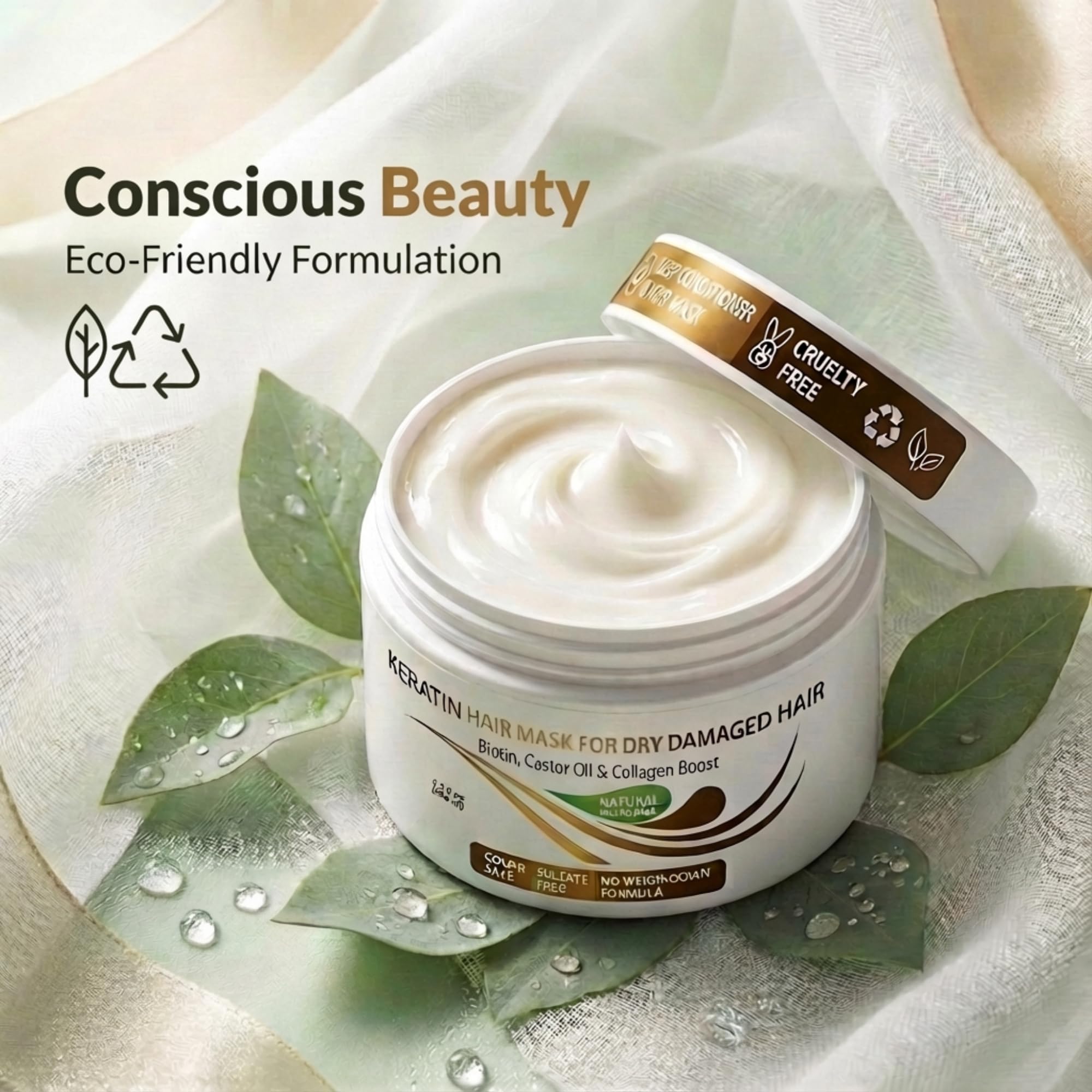 Masque Keratine VITAMINS, planche après-shampoing et soin à domicile.
