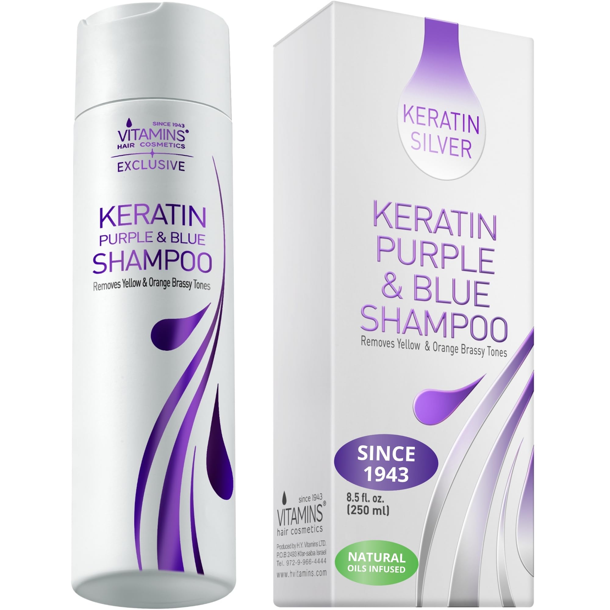 Cosmétiques capillaires VITAMINS shampooing kératine violet bouteille: neutralise les tons jaunes et oranges.