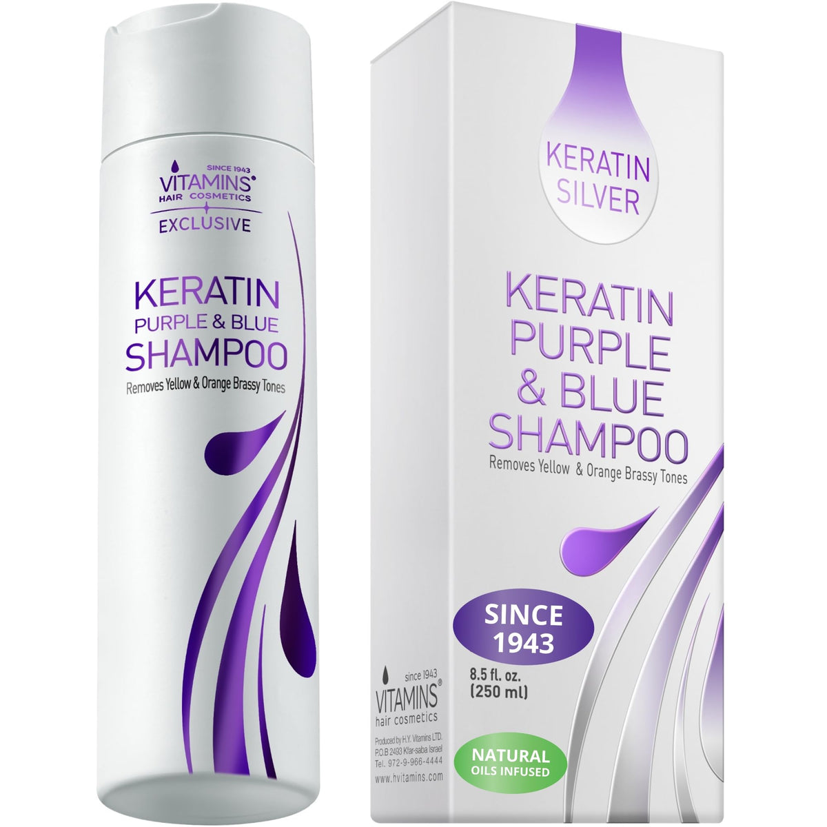 Cosmétiques capillaires VITAMINS shampooing kératine violet bouteille: neutralise les tons jaunes et oranges.