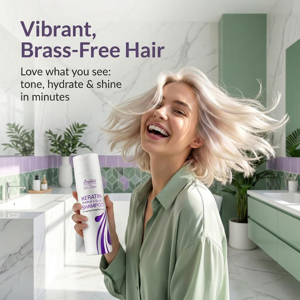 Cosmétiques capillaires VITAMINS shampooing kératine violet cheveux gris: apporte douceur et brillance tout en rafraîchissant les reflets.