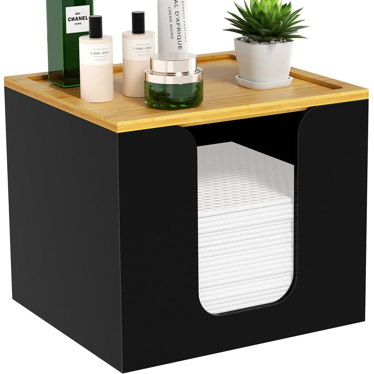 VITVITI boîte porte-serviettes noir en acrylique et bambou, design élégant pour salle de bains.