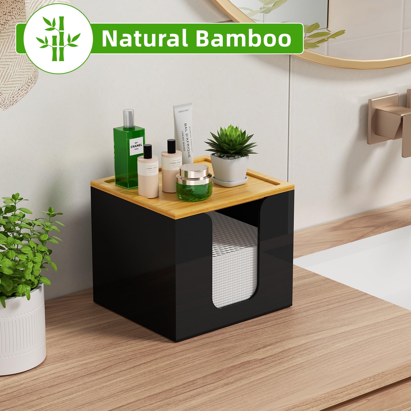 VITVITI boîte porte-serviettes avec couvercle bambou, espace rangement pratique.