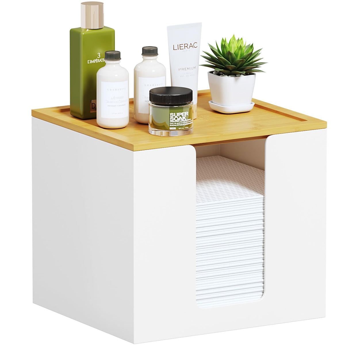 VITVITI boîte serviettes visage métallique blanc et bambou, rangement pratique.
