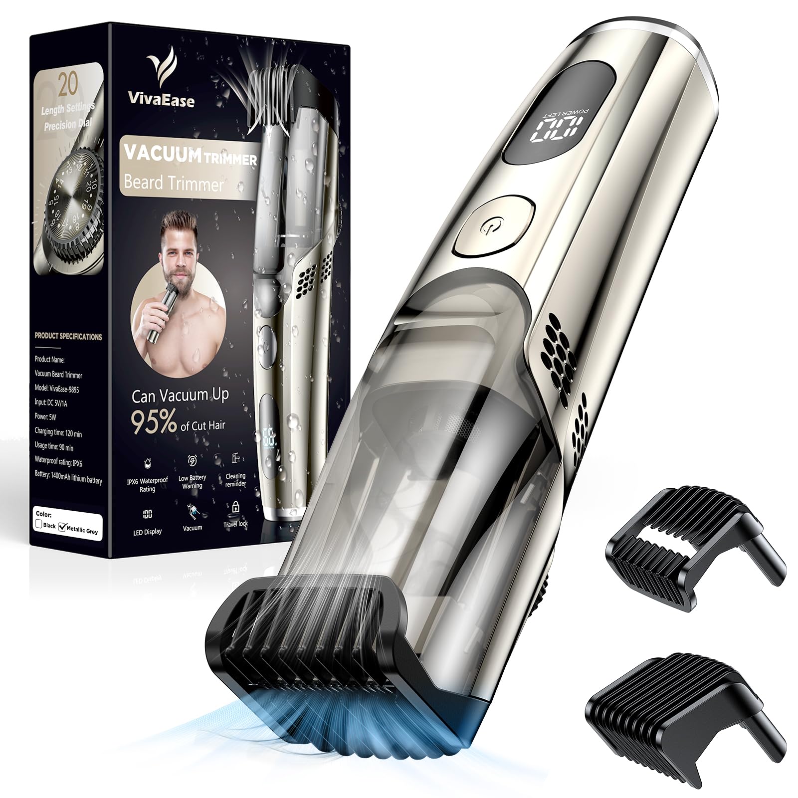 VivaEase Trimmer Barbe avec aspiration pour un entretien sans poussière.