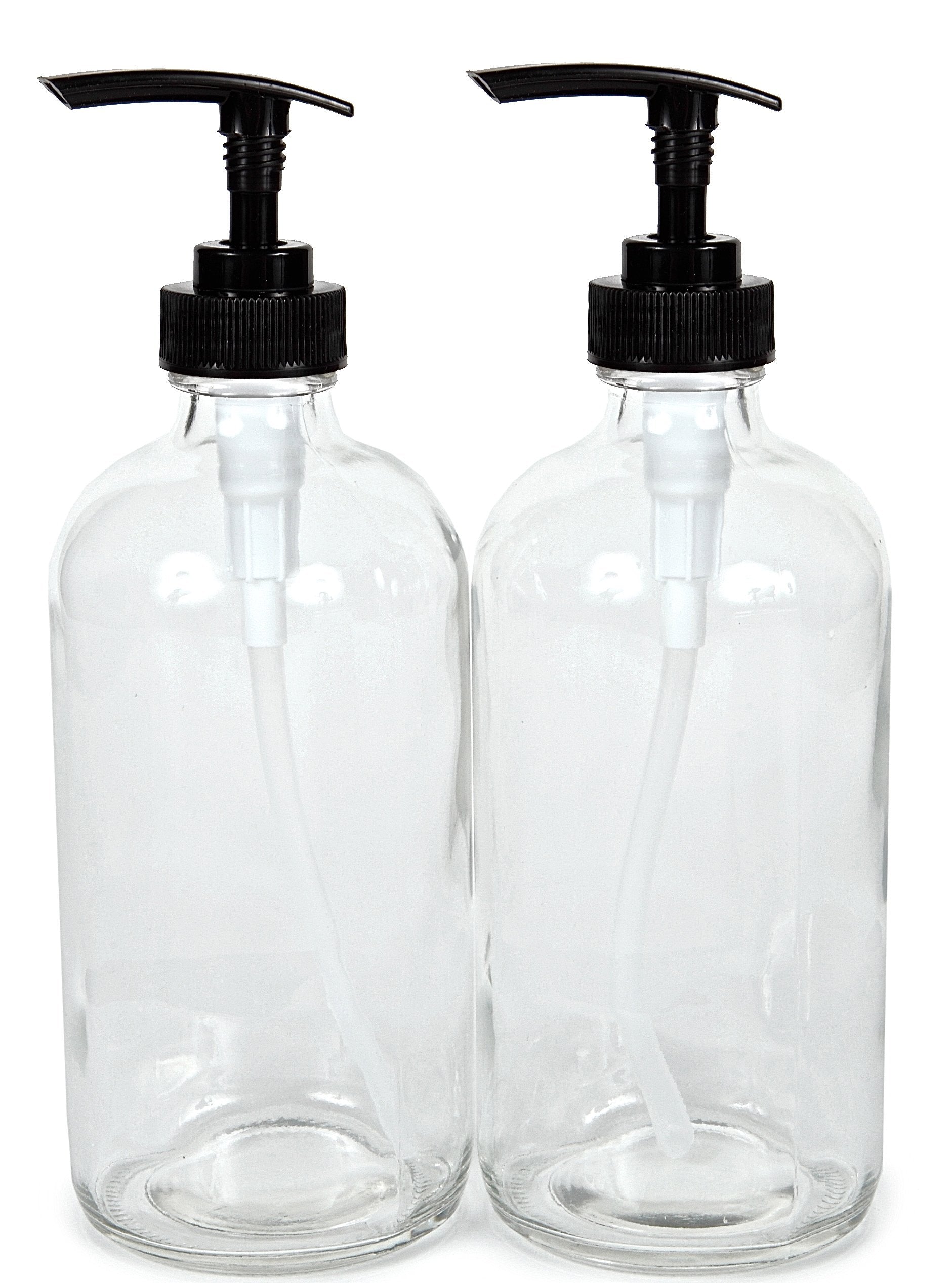 Bouteille Vivaplex en verre clair 16oz avec pompe noire, idéale pour savons et huiles.