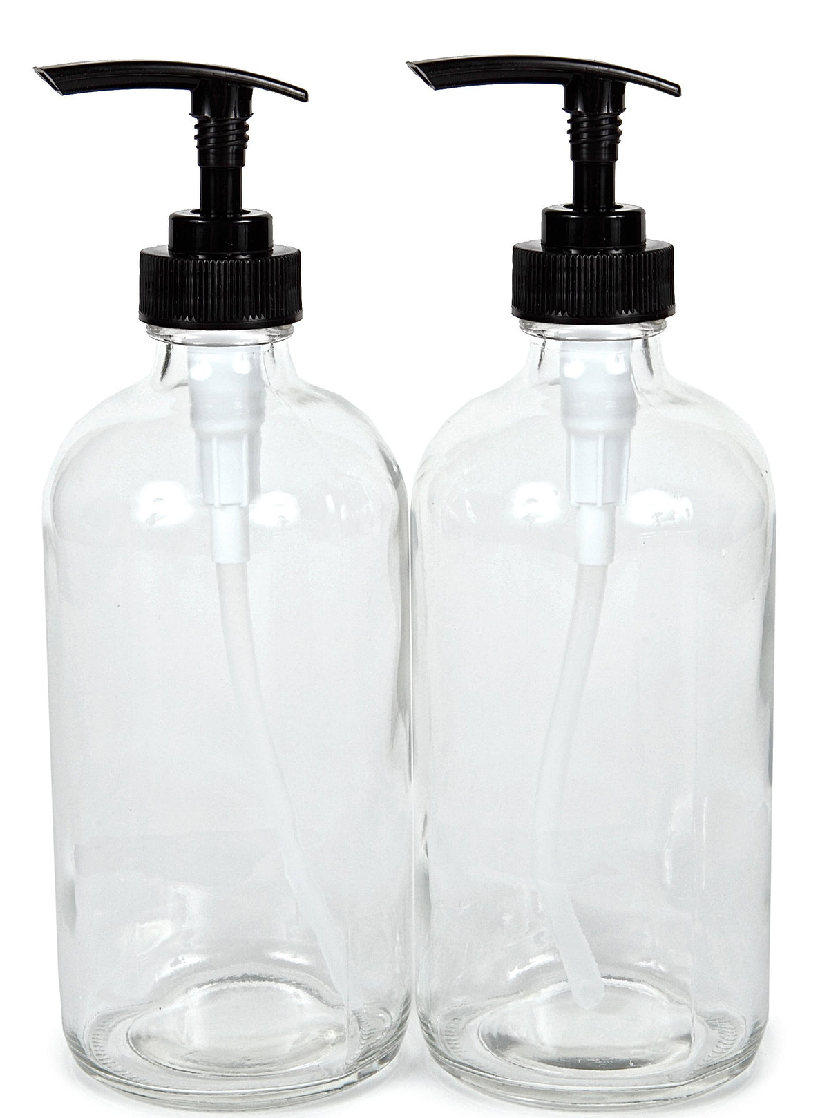 Bouteille Vivaplex en verre clair 16oz avec pompe noire, idéale pour savons et huiles.