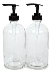 Bouteille Vivaplex en verre clair 16oz avec pompe noire, idéale pour savons et huiles.