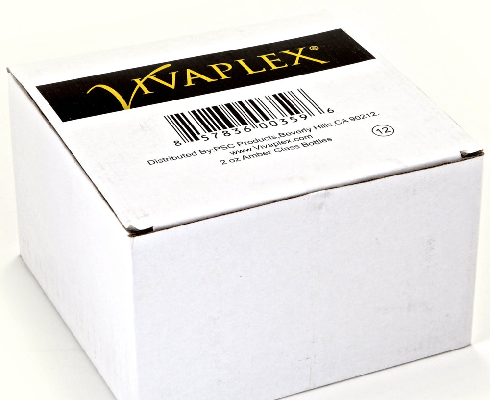 Détail des bouteilles ambrées Vivaplex et des gouttes en verre.
