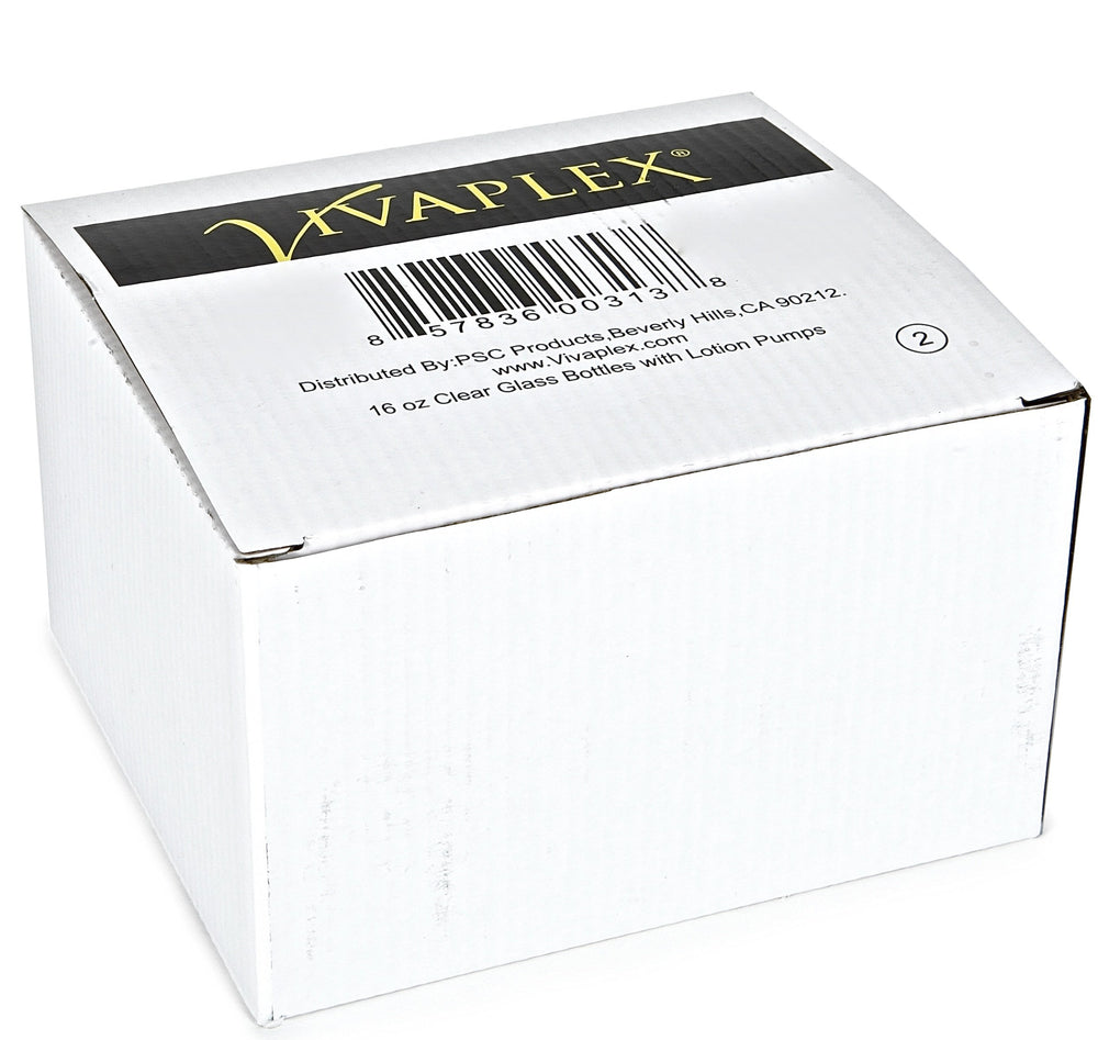 Ensemble de deux bouteilles Vivaplex en verre clair 16oz avec pompes noires.