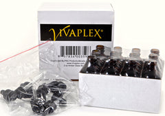 Gouttes en verre et bouchon noir sur une bouteille Vivaplex.