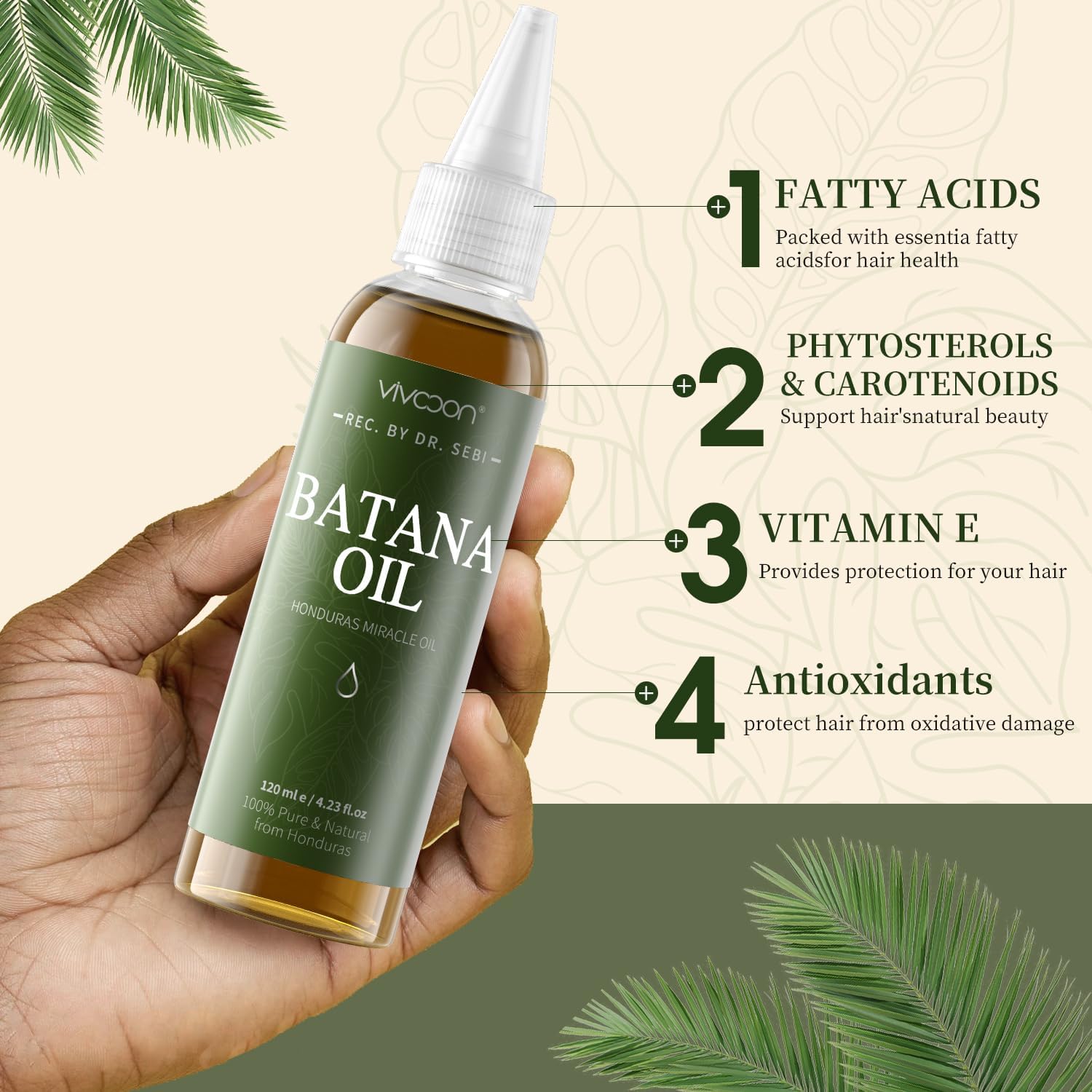 Vivccon Batana Oil ingredients close-up highlighting pure nutrients.