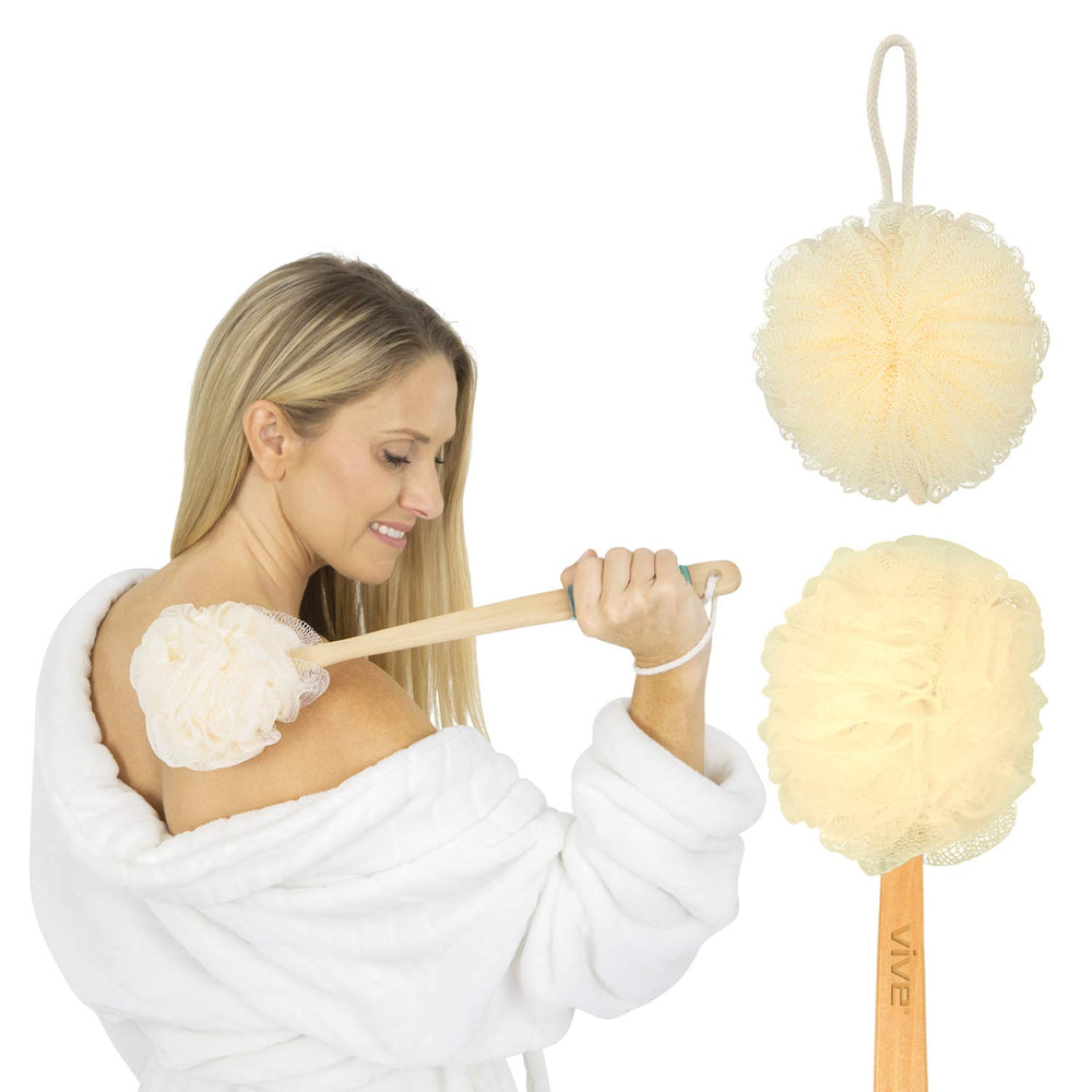 Vive loofah-douche, poignée longue pour atteindre le dos en douceur.