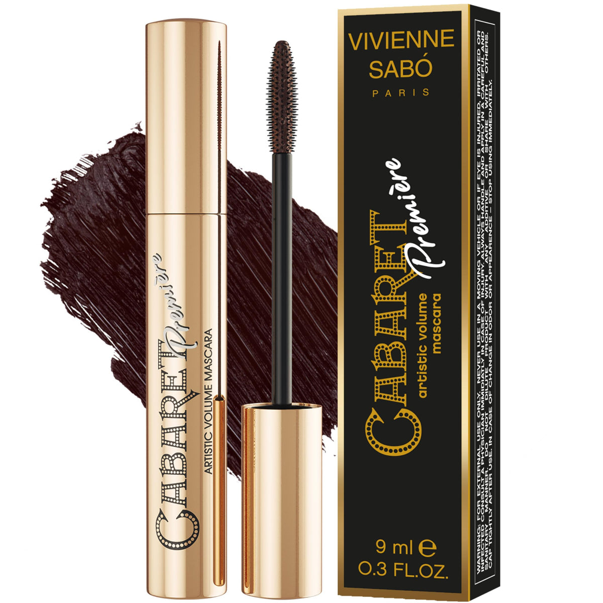 Vivienne Sabó Cabaret Premiere Brown mascara bottle shows premium packaging and lasting definition.